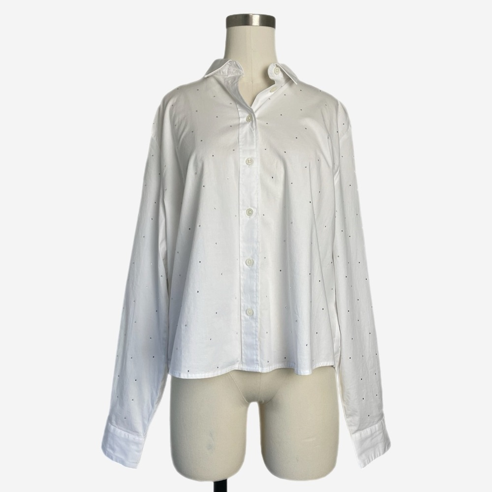 Jcrew Factory NWT White Rhinestone cropped collared button down festive preppy L